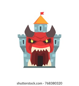 Tower of terror or horror fortress. Entrance to castle in form of giant red monster face with horns and big teeth. Family attraction. Flat vector for poster, banner or flyer