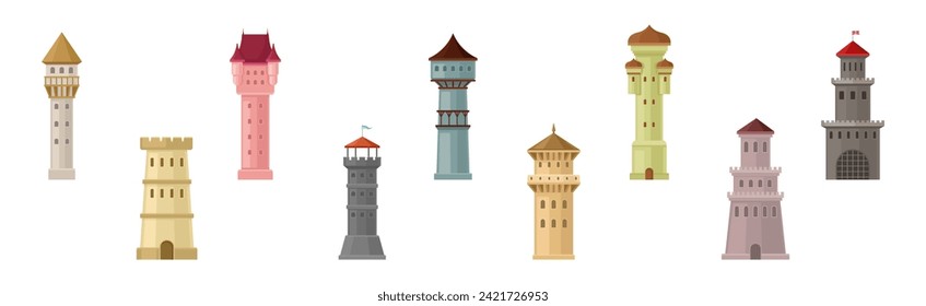 Tower and Turret of Ancient Medieval Castle or Fortress Element Vector Set