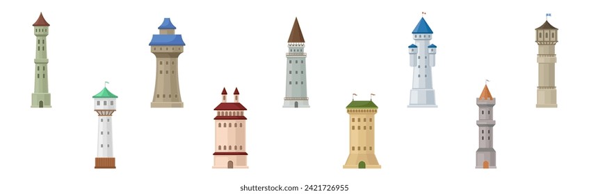 Tower and Turret of Ancient Medieval Castle or Fortress Element Vector Set