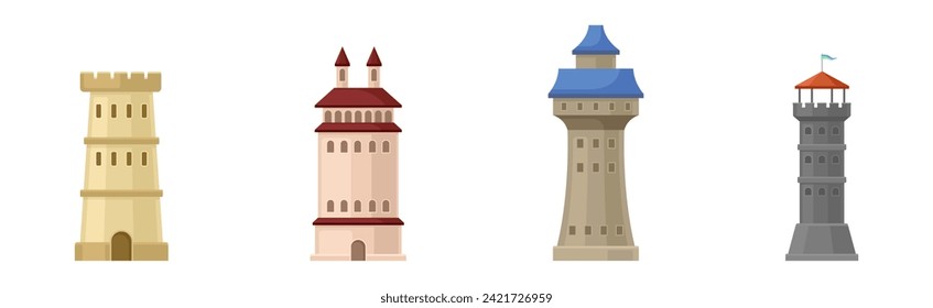 Tower and Turret of Ancient Medieval Castle or Fortress Element Vector Set