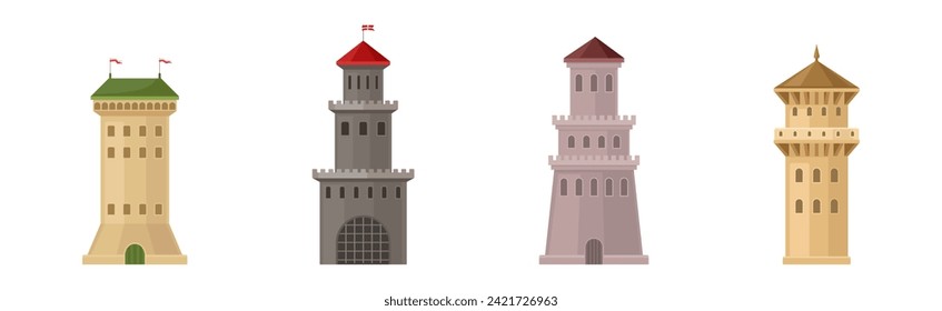 Tower and Turret of Ancient Medieval Castle or Fortress Element Vector Set