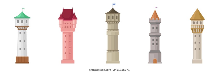 Tower and Turret of Ancient Medieval Castle or Fortress Element Vector Set