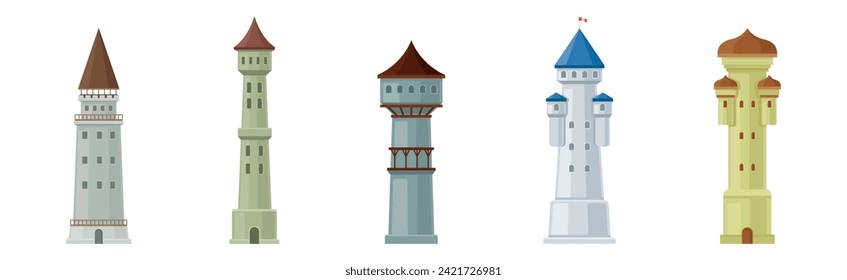 Tower and Turret of Ancient Medieval Castle or Fortress Element Vector Set