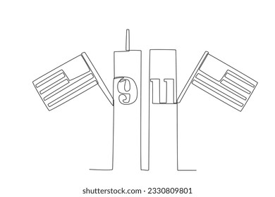 Una torre y dos banderas estadounidenses. 911 dibujo de una línea