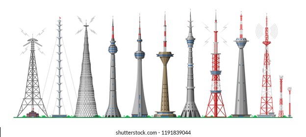 Construcción de antena tormentosa en el edificio de la ciudad y rascacielos con ilustración de comunicación en red conjunto de arquitectura de gran altura aislada en fondo blanco