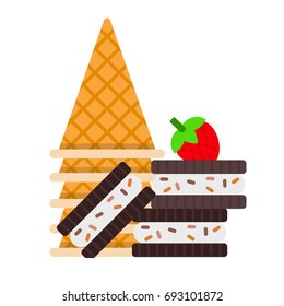 A tower of waffle cones for ice cream, chocolate biscuits with milk filling and strawberry berries vector flat material design isolated on white