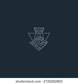 Logotipo de arte de la torre y la línea de onda que simboliza la fuerza en medio del cambio constante.