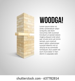 The tower from white wooden texture blocks and take one block vector illustration or vector document, advertising poster for the game.