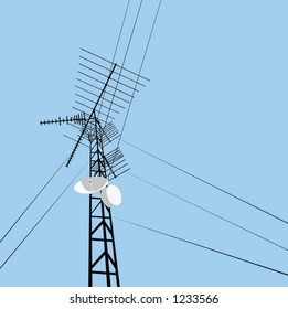 A tower, wired to wireless comm. Pure vector, no gradients or other CS effects, so this image should work well in Corel, Freehand, etc (have fun adding your own gradient sky and other effects).