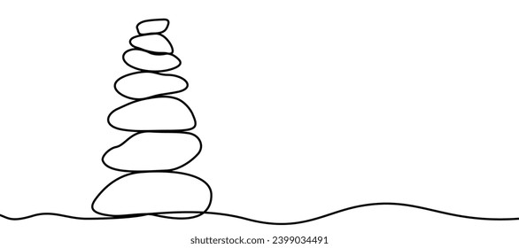 Torre de piedras zen, equilibrio y disfrute del concepto de vida en un estilo lineal simple, silueta de piedras piramidales, piedras en un dibujo de línea continua - vector