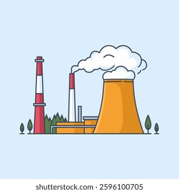 A towering cooling tower at a chemical plant, releasing large plumes of steam into the sky, essential for regulating temperature in industrial processes