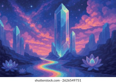 Towering glowing crystals surround a rainbow river lined with lotus flowers under a starry sky. A magical pixel dreamworld.