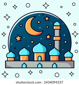 The towering mosque tower radiates the beauty of Islamic architecture under the stunning night sky