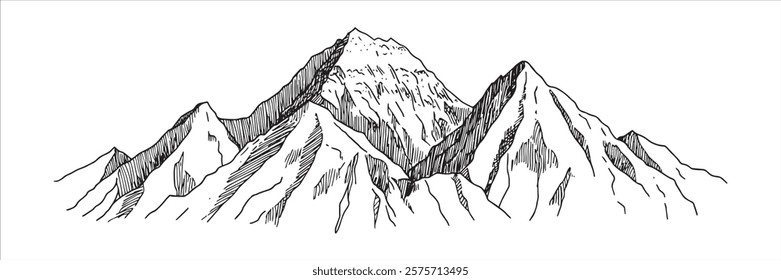 towering mountain peaks with sharp ridges hand-drawn sketch doodle