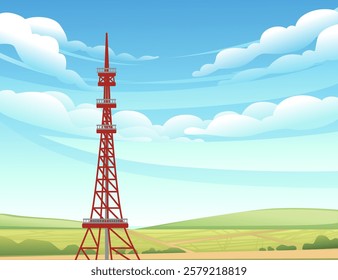 Towering red and white lattice radio mast. High-reaching communication antenna. Structural transmission pylon for broadcasting signals. Telecom tower. Vector illustration with rural landscape