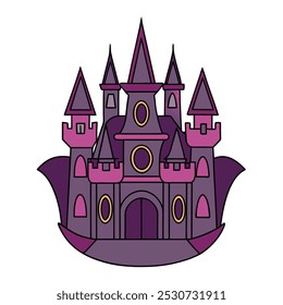 A towering, shadowy Gothic castle looms over a vampire city, its spires piercing stormy skies. Cloaked in eternal night, it exudes an eerie, sinister allure of ancient power.