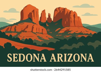 As torres imponentes de Cathedral Rock em Sedona, Arizona, enquanto o sol se põe, lançando um brilho dourado quente sobre as icônicas formações de rocha vermelha