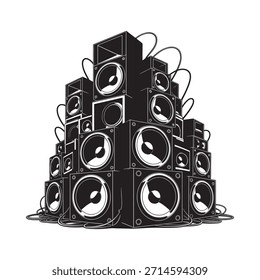 Una gran pila de altavoces negros es una ilustración gráfica de los sistemas de sonido