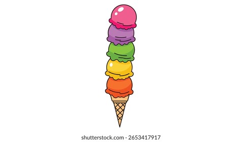 Um imponente cone de sorvete empilhado com um arco-íris vibrante de sabores frutados deliciosos e um cone de waffle crocante, criando um tratamento de sobremesa congelado perfeito