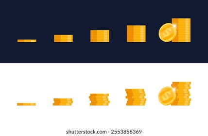 Towering stacks of golden coins in assorted sizes. Graphic assets created for video games, representing currency, treasures, or achievements within the game. Perfect for enriching interactive designs