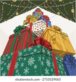 Elevada y vibrante pila de regalos de Navidad bajo una guirnalda festiva con luces brillantes, capturada desde una perspectiva cinematográfica de ángulo bajo.