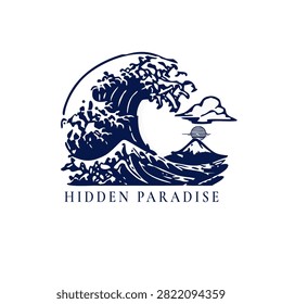 Towering wave curls over distant mountain peak. Clouds drift above, hinting at hidden wonder. Text below reads 