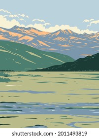 Tower-Roosevelt and the Lamar Valley with the Lamar River Flowing Located In Yellowstone National Park Teton County Wyoming USA WPA Poster Art