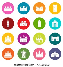 Towers and castles icons many colors set isolated on white for digital marketing