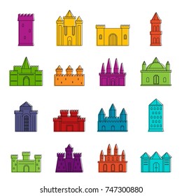 Towers and castles icons set. Doodle illustration of vector icons isolated on white background for any web design