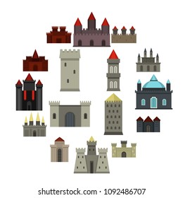 Towers and castles icons set in flat style isolated vector illustration