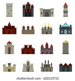Towers and castles icons set in flat style isolated vector illustration