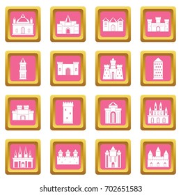 Towers and castles icons set in pink color isolated vector illustration for web and any design