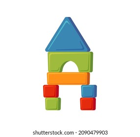 Towers of children toy blocks. Multicolored kids bricks for building and playing. Education toys for preschool kids for early childhood development. Vector illustrations on white background