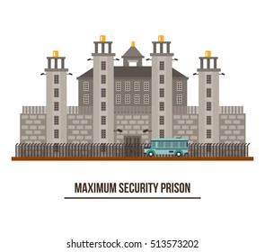 Towers and fence at maximum security prison. Criminal jailhouse and prisoner transport vehicle illustration. Federal cell structure and jail building exterior view, criminal maximum security