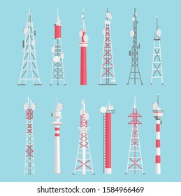 Towers flat vector illustrations set. Telecommunication, electric, radio towers pack isolated on blue background. Media information technology. Antenna red and white design elements collection.