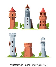 Towers. Medieval fairytale castles fortress towers bastion in cartoon style garish vector illustrations templates