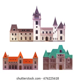 Towers on old castles with gates and turrets, wide gates and stone walls. Defense medieval structure icon, exterior front view on fort or palace, residence.History book illustration,architecture theme