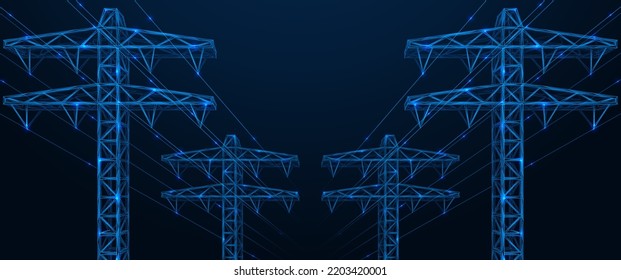 Towers of power lines. Polygonal design of lines and dots. Blue background.