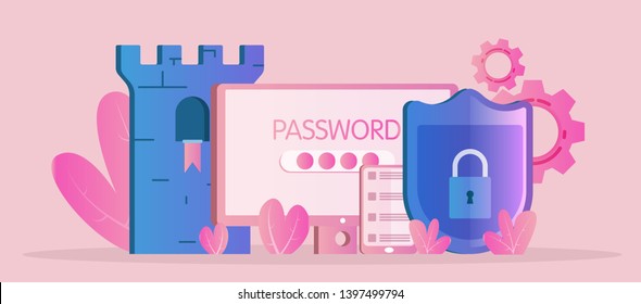 towers protect the computer and smartphone from viruses and hacking, anti-virus protection in the form of a shield with a lock and a tower, vector image for web sites and landing pages