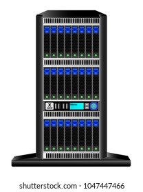 Tower-server 4u vertical version with 24 hard drives 2.5 inches and a small display for management. Vector illustration.