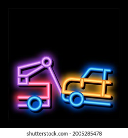 Abschleppend Zerbrochenes Auto Neon Leuchtzeichen Vektorgrafik. Glühendes Symbol Towing Broken Auto Schild. transparente Symbolillustration
