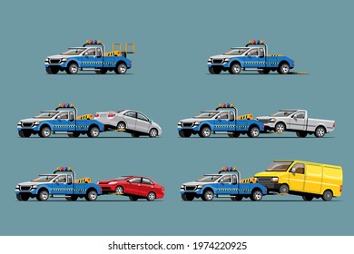 Towing car trucking vehicle transportation towage help on road, flat design isolated vector illustration on white background