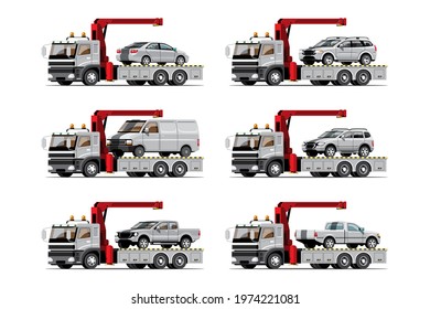 Towing car trucking vehicle transportation towage help on road, flat design isolated vector illustration on white background