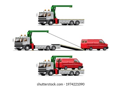 Towing car trucking vehicle transportation towage help on road, flat design isolated vector illustration on white background