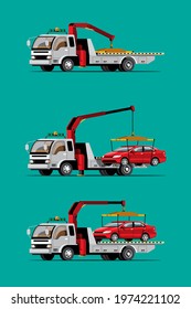 Towing car trucking vehicle transportation towage help on road, flat design isolated vector illustration on white background