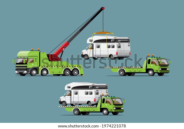 Towing car trucking vehicle transportation
towage help on road, flat design isolated vector illustration on
white background