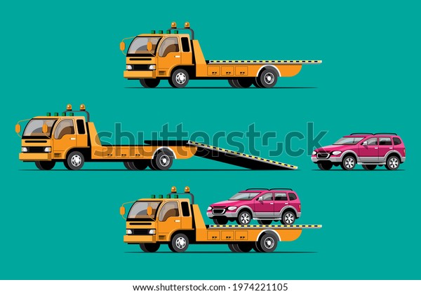 Towing car trucking vehicle transportation\
towage help on road, flat design isolated vector illustration on\
white background