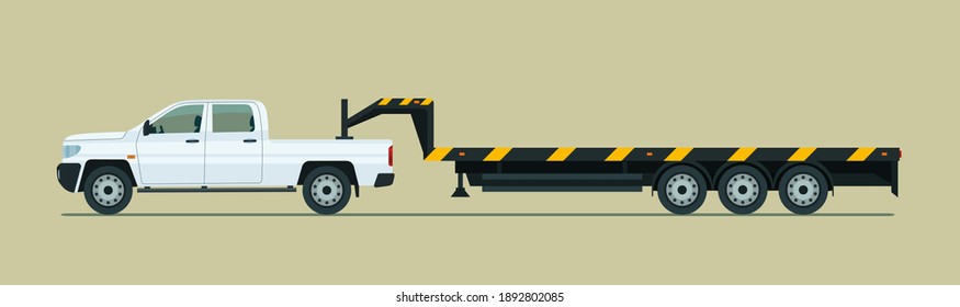 Towing Pickup Truck With Trailer Isolated. Vector Flat Style Illustration.