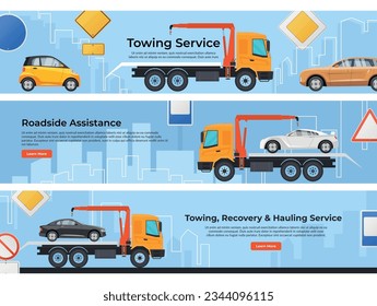 Towing recovery and hauling service roadside assistance web advertising landing page set vector flat illustration. Automobile lifting emergency help accident truck transportation with hook promo