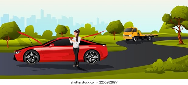 Towing service concept banner. Red sport car with damaged engine on country road. Young woman call to insurance and waiting the evacuator truck to transportation on repair station. Vector illustration